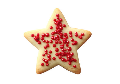 Star-shaped shortbread cookie decorated with red sprinkles on a plain white background