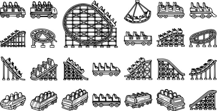 Black and White Line Art Icons of Roller Coaster Rides, Amusement Park Attractions