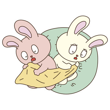 眠りながら毛布を取り合うウサギのキャラクターたち