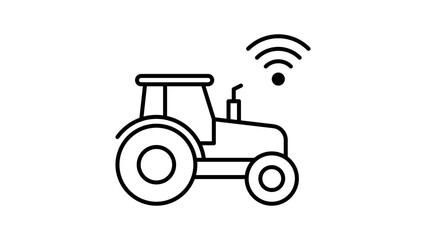 Smart Agriculture Vector Icon: A minimalist black line illustration of an autonomous tractor with a wireless signal symbol, featuring an editable stroke for customizable line weight on white. © Mofakharul Shanto