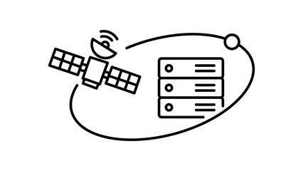 Space Computing and Satellite Data Storage Editable Stroke Vector Icon. Minimalist black line illustration of a satellite orbiting a server stack, representing cloud technology and global networks. © Mofakharul Shanto