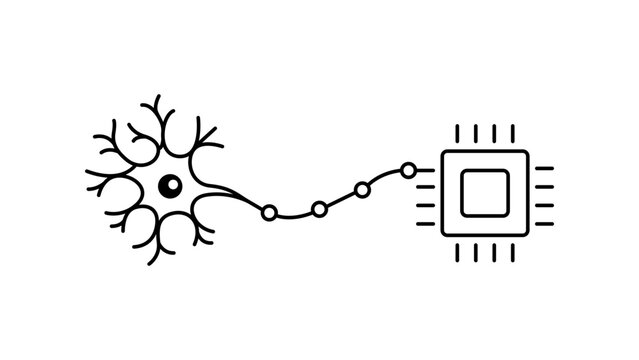 Neurotechnology and artificial intelligence concept vector icon featuring a minimalist black line illustration of a biological neuron connecting to a computer microchip with editable stroke.