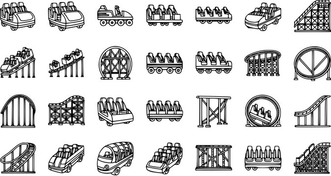 Black and White Line Art Icons of Roller Coaster Rides and Cars