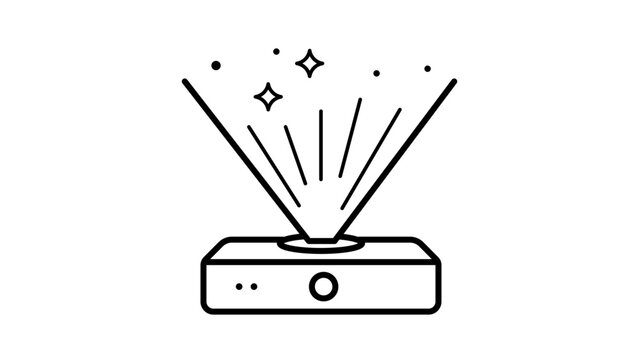 Holographic Display Projector Vector Icon with Editable Stroke. Minimalist black line illustration of a futuristic 3D projection device emitting light rays and stars on a white background.