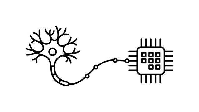 Neurotechnology Concept Vector Icon with Editable Stroke: Minimalist Black Line Illustration of a Biological Neuron Connecting to a Computer Chip, Representing Brain-Computer Interface and AI.