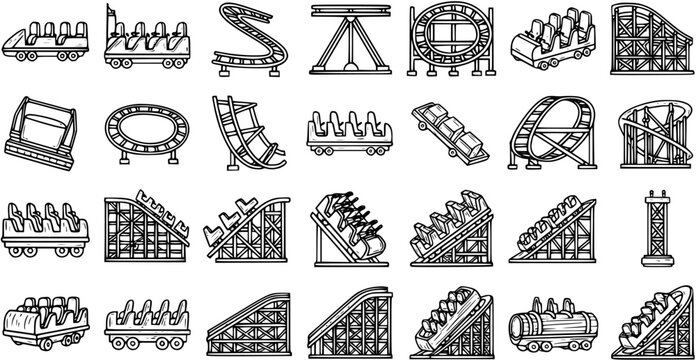 Black and White Line Art Icons of Roller Coaster Rides and Trains for Amusement Park Industry