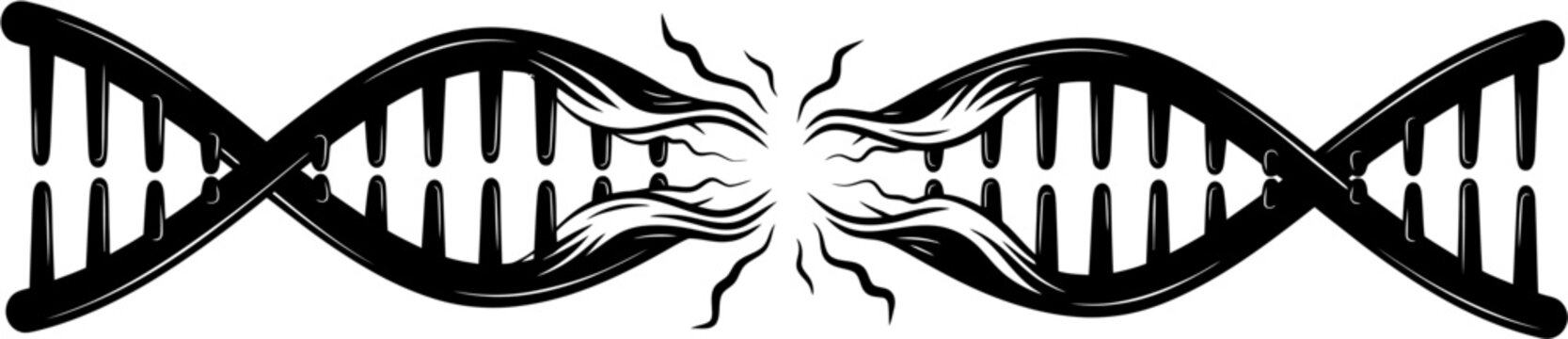 Abstract illustration of a DNA double helix breaking apart, symbolizing genetic mutation or disruption