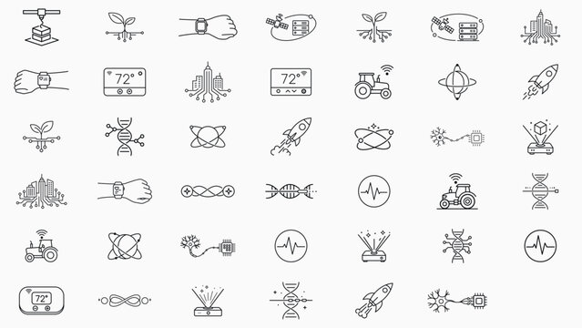 41 Minimalist Vector Icon Set with Editable Stroke: Includes 3D Printing, DNA Sequencing, Heartbeat, Rocket Launch, AI, Quantum Computing, Smart City, Agriculture, and Green Tech Line Illustrations.