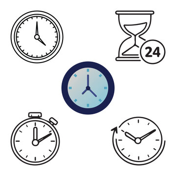 Clock icon set vector with multiple timepieces including analog and modern styles for web and app design