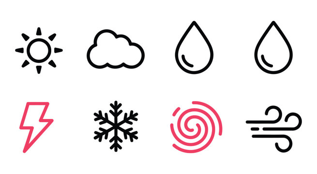 Weather icons sun cloud rain storm, minimal climate condition icon pack, bright and simple vector graphics showing sunny, cloudy, rainy, and stormy weather for forecasting applications 