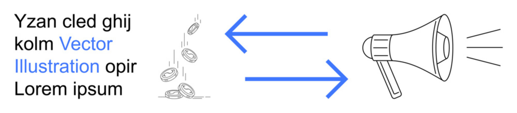 Marketing, financial investment, advertising strategy, money flow, commercialization, communication. Coins falling toward a megaphone with arrows indicating interaction. Marketing and financial