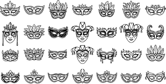 Hand-Drawn Black and White Line Art Set of Masquerade and Carnival Masks. Outline Illustrations for Festive Celebrations, Mystery Parties, and Events.