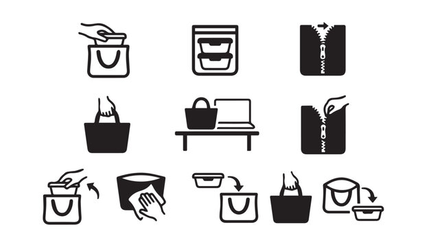 Set of icons representing lunch box food packing process with container