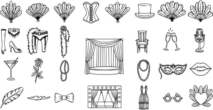 Black and White Line Art Burlesque and Cabaret Icons Set - Vintage Roaring Twenties Entertainment Elements Collection