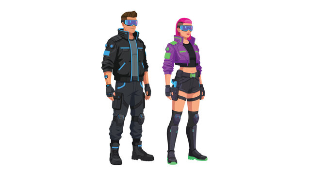 Futuristic Cyberpunk Characters with Tech Visors. Male and female avatars in modern outfits, ideal for gaming and metaverse concepts.