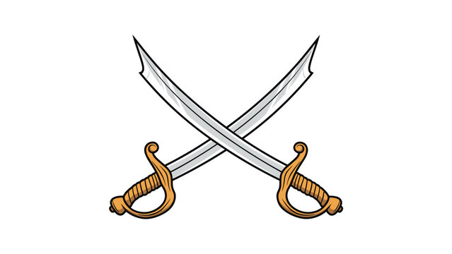 Illustration of two crossed scimitar swords with gold hilts and curved silver blades against a plain white background.