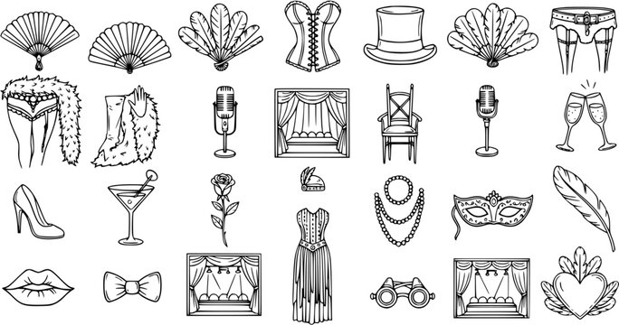 Burlesque Cabaret Vintage Show Line Art Icons Set. Hand Drawn Black and White Outline Elements for Retro Entertainment, Theater, and Fashion Design