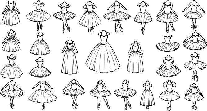 Black and White Line Art Vector Illustration Set of Ballet Dresses, Ballerina Costumes, and Dancers in Various Poses for Performing Arts.