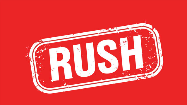 Distressed white stamp with the word rush on a bright red background used to indicate urgency or high priority tasks.