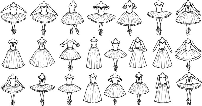 Ballet Dance Industry Black and White Line Art Collection of Ballerina Dresses, Tutus, and Costumes with various Poses. Hand-drawn fashion sketch asset.