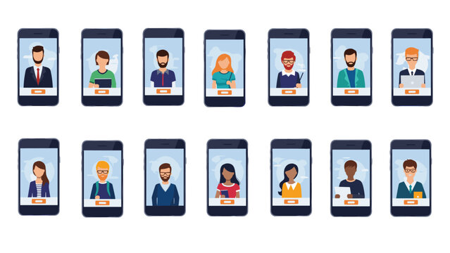 Grid of smartphones with different user avatars representing a global online community social network or remote work team.