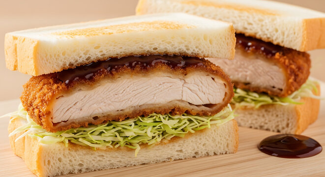 Crispy chicken katsu sando with shredded cabbage and sweet sauce &ndash; Japanese sandwich