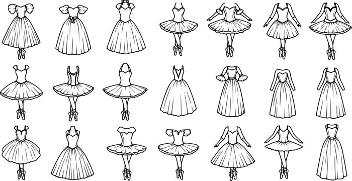 Ballet Dresses and Tutus Line Art Set. Hand-Drawn Black and White Collection of Dance Costumes and Gowns for Performing Arts and Fashion Design.