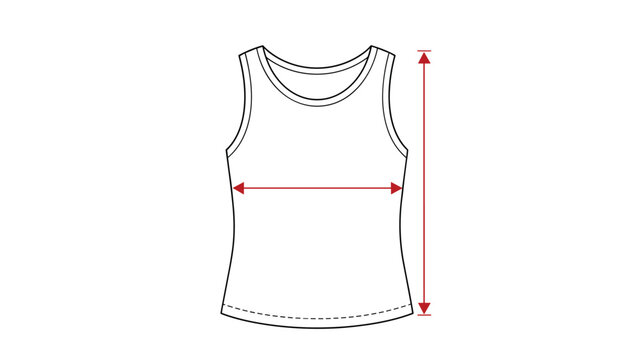 White tank top flat sketch template with red measurement lines indicating garment dimensions for professional clothing production.