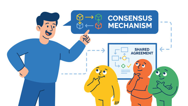 Consensus Mechanism Explained: Man presenting shared agreement process to a diverse team, illustrating collaboration and decision-making.