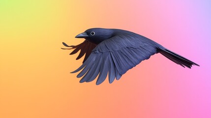 Fototapeta premium Dark bird in flight against a colorful gradient