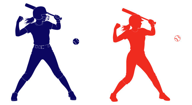 Softball Players Silhouette, Female Athletes Batting, Dynamic Action Poses, Blue and Red
