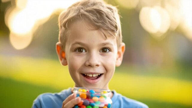Happy young boy smiling and holding a jar of colorful candies outdoors