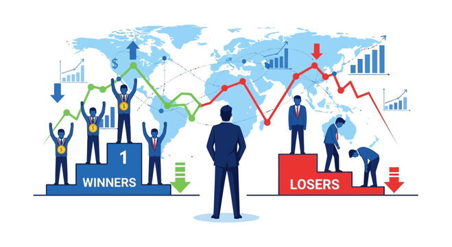 Stock market analysis illustration with winners losers and global financial trends