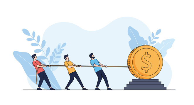 Determined group of men pull a giant golden dollar coin from a platform during an intense competitive tug of war game.