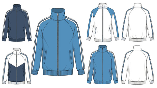 Collection of track jacket templates in various blue and white color combinations for sports team uniforms and athletic apparel mockups.