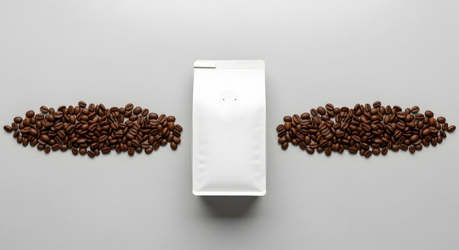 Kemasan kopi putih polos dengan biji kopi panggang di sisi kanan dan kiri untuk mockup desain branding produk minuman yang minimalis dan elegan.