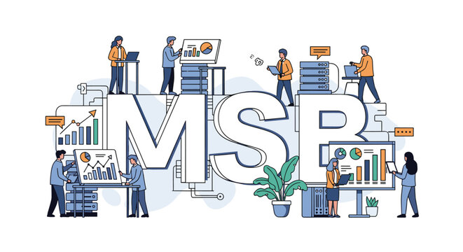 Business team working around large MSP letters featuring data servers and various financial performance charts and analytics graphs.