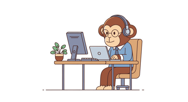 Monkey sitting at desk with computer and headphones on