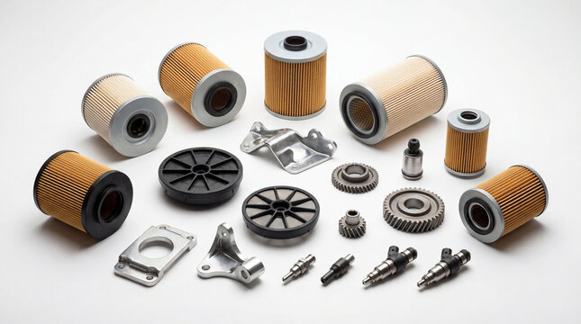 Various automotive parts including filters, gears, and fuel injectors isolated on white background