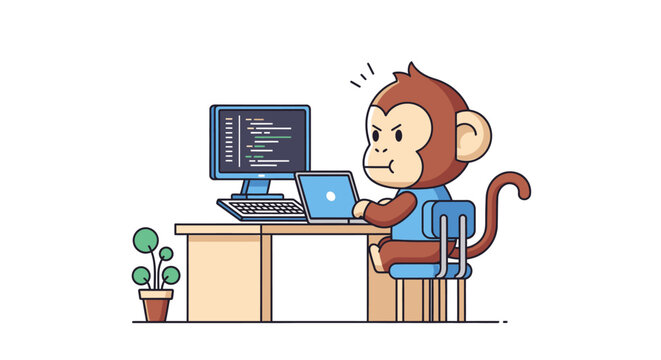 A monkey sits at a desk with a computer and laptop in an office setting
