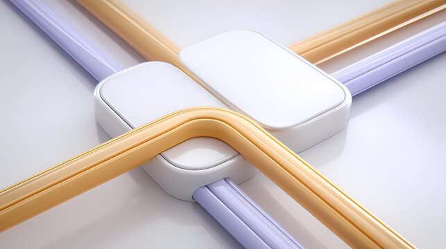 Close up 3D render of intersecting gold and lavender pipes passing through white junction blocks representing synergy and infrastructure