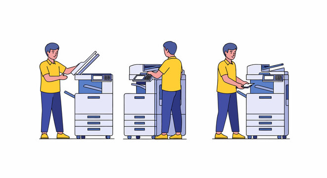 A man demonstrating the step-by-step process of using an office multifunction printer to copy or scan documents.