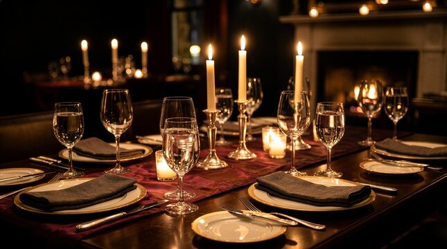 Luxury Fine Dining Table Setup with Elegant Tableware and Candlelight