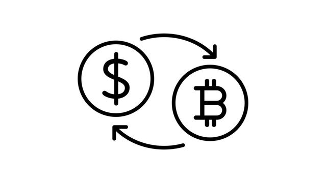 Minimalist Black Line Vector Icon of Currency Exchange Between US Dollar and Bitcoin with Circular Arrows, Editable Stroke Illustration for Crypto Trading and Finance Concepts.