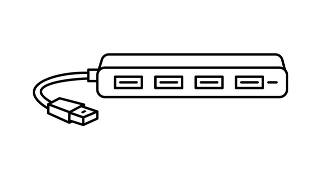 USB Hub Vector Icon with Four Ports and Cable, Minimalist Black Line Illustration with Editable Stroke for Technology and Computer Hardware Design, Clean Outline Graphic on White Background.