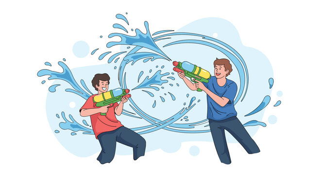 Two joyful young men enjoy a refreshing water gun fight with large colorful blasters and splashing water streams against a blue backdrop.
