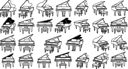 Elegant Grand Pianos Black and White Line Art Set for Music and Arts Education. Hand-drawn outline vector icons of classical musical instruments. © pixsource