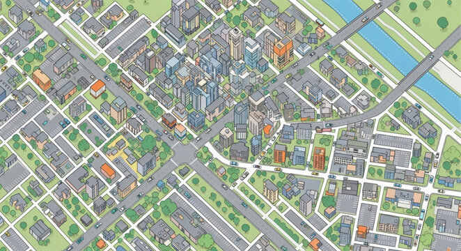 Detailed City Map Illustration with Buildings and Streets.