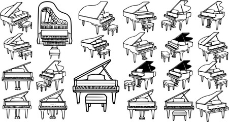 Fototapeta premium Music Instruments Black and White Line Art Vector Collection of Grand Pianos with Benches for Music, Art, and Entertainment Industry Concepts