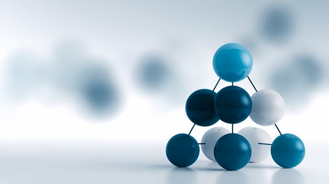 Professional 3D pyramid structure made of blue and white spheres on a blurred background symbolizing hierarchy leadership and teamwork